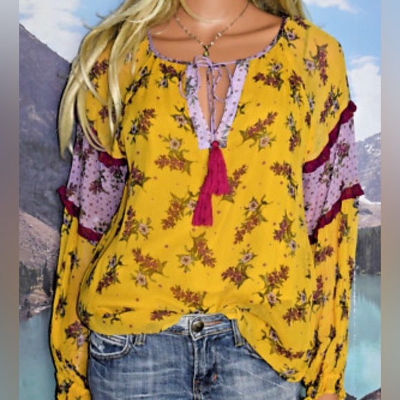 Sundance Tops - Sundance Vibrant Yellow and Purple Floral Dreams Ruffle Blouse - Size L
